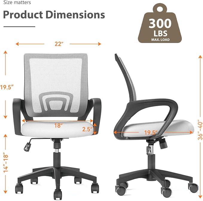 OS MOTOR Ergonomic Mid-Back Mesh Office Chair (White, 2 Pack) | Lumbar Support, Adjustable Height, Swivel Rolling Design, Comfy Armrest, Home, Office, Work, Study, Gaming, Vanity