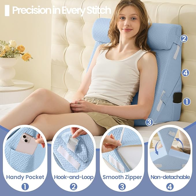 Sasttie Adjustable Wedge Pillow Set for After Surgery, Blue | Bed Wedge Pillow Headboard with Memory Foam Neck Cushion, for Acid Reflux, Sleeping, Neck & Back Support