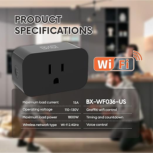 BXST WiFi Smart Plug 15A 1800W, Smart Outlet with Timer & Countdown, Voice Control with Alexa & Google Home, 2.4GHz WiFi Socket for Home Appliances, No Hub Required, CE FCC Listed, Black, 1 Pack