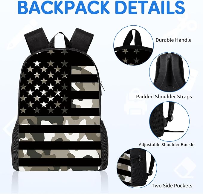 3PCS Camouflage flag Backpack for Boys Girls Teens, School Backpack with Lunch Box Pencil Case for Elementary Middle High Students, 17 Inch Lightweight Bookpack 3 in 1 Set Back to Shool for Kids