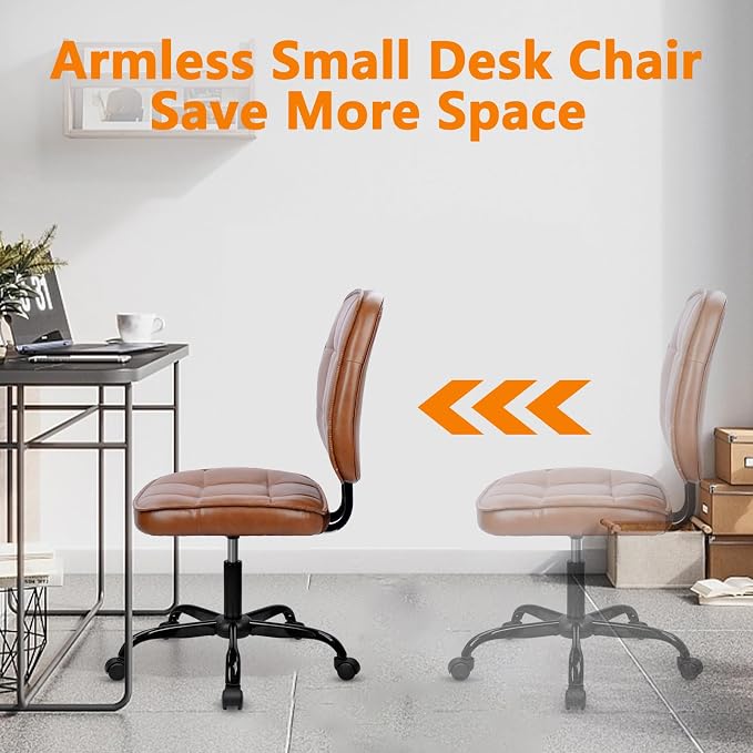 CLATINA Home Office Chair No Arms with Wheels, Armless Small Leather Ergonomic Low Back Desk Chairs Adjustable Height 360° Swivel Rolling Computer Task Chair for Work Conference Room, Brown, 4 Pack