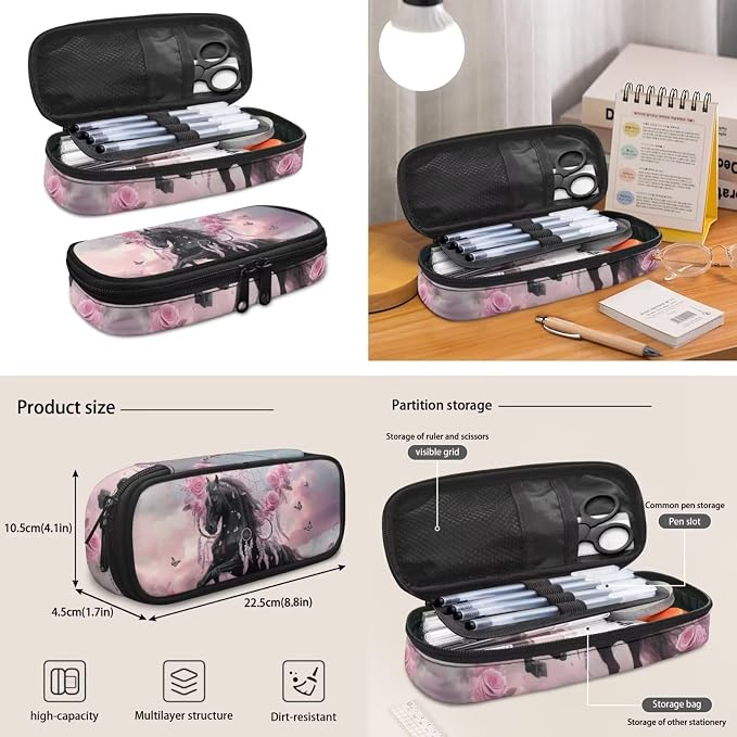 Black Horse Backpack Set - 4Pcs Dreamcatcher Backpacks for Girls Ages 6-10 - Kids Bookbag with Lunch Box & Pencil Case - 17 Inch School Bag for Elementary Back to School