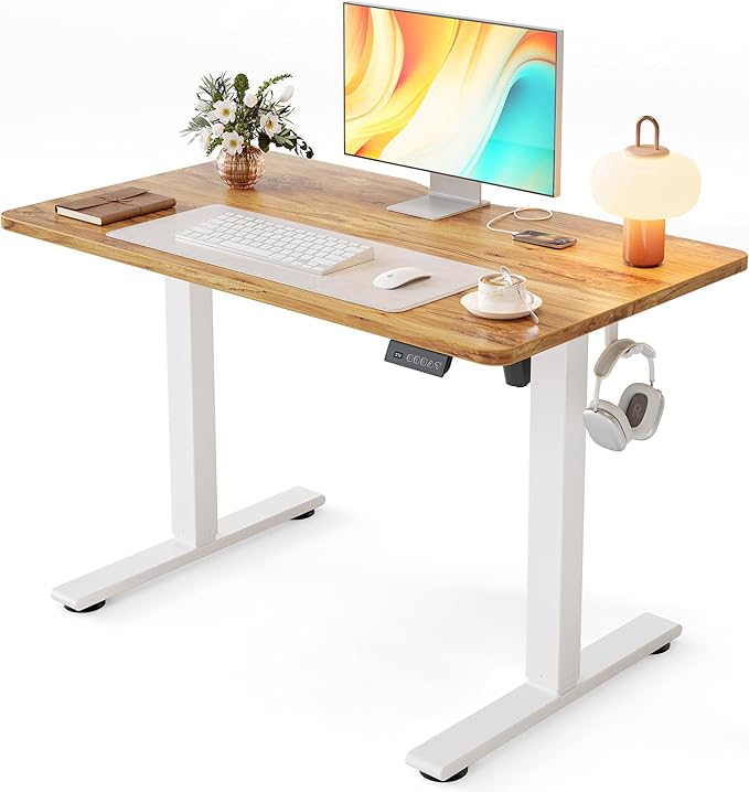 Cubiker Standing Desk, 40x24 Inches Sit Stand Home Office Desk, Electric Stand up Desk, Adjustable Desk with Splice Board, White Frame/Light Rustic Top