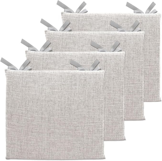 Lifup 4 Pack Chair Cushion, Square Dining Chair Pads Grey 18 x 18 Inch | Memory Foam Pads, Non-Slip, Thick, Removable Cover with Ties, Seat Cushions for Kitchen Chairs, Home Office Restaurant