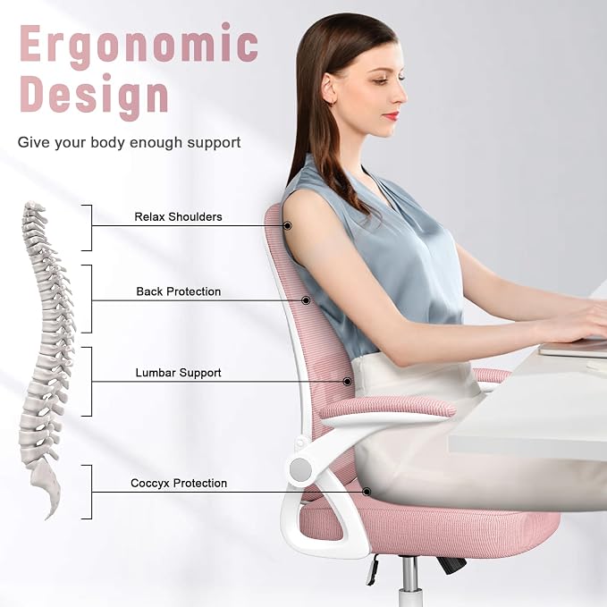 naspaluro Home Office Desk Chair Mid Back with Adjustable Height Pink | Comfy Ergonomic Chair with Flip-Up Arm and Lumbar Support, Breathable Mesh Swivel Computer Chair for Study Working Teacher