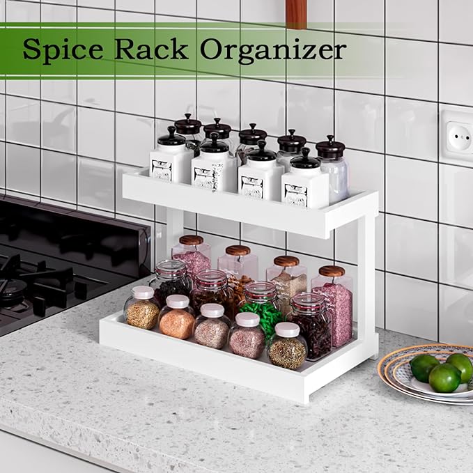 MARTY Counter Shelf Organizer, 2 Tier Spice Rack for Countertop, White | Coffee Bar/Station/Syrup Organizer for Countertop, 15.75''Lx8.9"W Large Desk Shelf Riser, for Kitchen Bathroom Bedroom Office