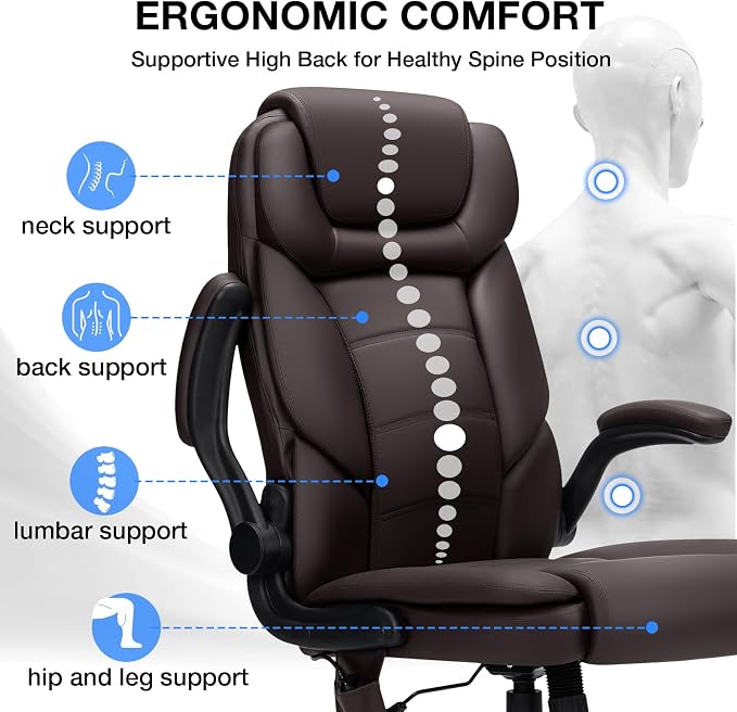 HOFFREE Executive Office Chair Big and Tall 450lbs Heavy Duty Office Chair with Adjustable Lumbar Support High Back Ergonomic Computer Leather Home Chair with Flip-up Arms for Heavy People,Brown