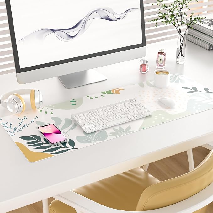 Faux Leather Large Mouse Pad, Office Desk Mat, 31.5"x11.8", Green White | Desk Décor Accessories, Extended Size, Waterproof & Easy to Clean, Smooth Surface, Non Slip Desk Organization