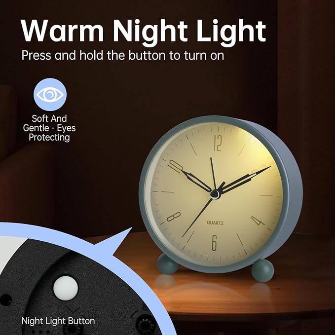 Analog Alarm Clock, 4 inch Super Silent Non Ticking Small Clock with Night Light, Battery Operated, Simple Design, Old fashioned Style SkyBlue decor, for Bedroom, Bedside, Desk, Adult, Gift, Blue