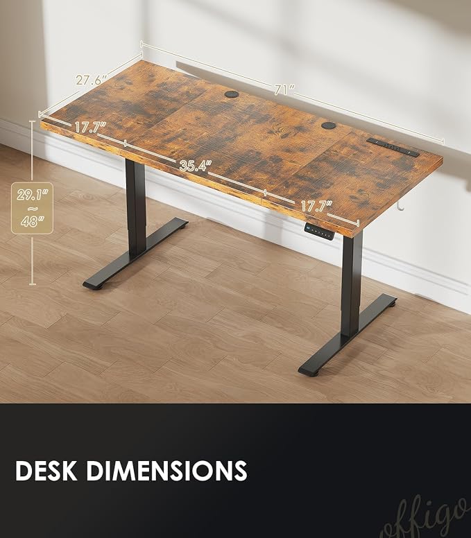 OffiGo 71" Executive Electric Standing Desk Height Adjustable, Rustic Brown | 1.38" Thick 3-Panel Desktop, Power Outlets, 3 Memory Presets, Dual-Beam Frame for Home Office, Workstation, Conference Room