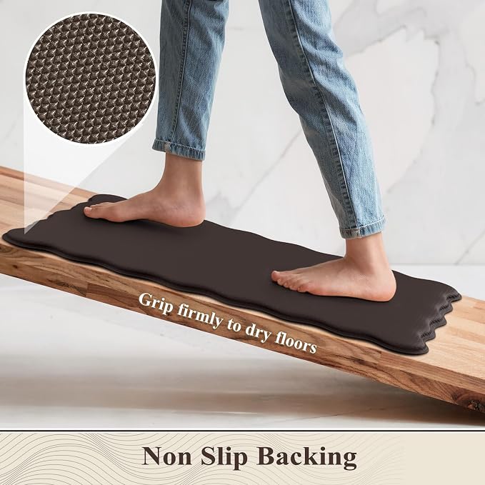 KIMODE Anti Fatigue Kitchen Mats for Kitchen Floor,Scalloped Kitchen Rugs Sets of 2 Non Slip,Cushioned Padded Memory Foam Kitchen Floor Mat Carpet for Office Laundry Sink,Brown