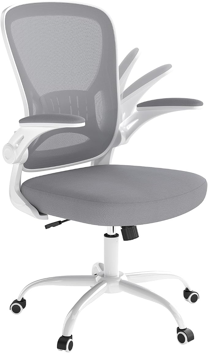 Youhauchair Adjustable Mesh Ergonomic Office Chair with Wheels, Grey | Flip-up Arms, Lumbar Support, Home Desk Chair, Height Adjustable, Breathable, Mid Back Swivel Compurter Chair, Set of 1