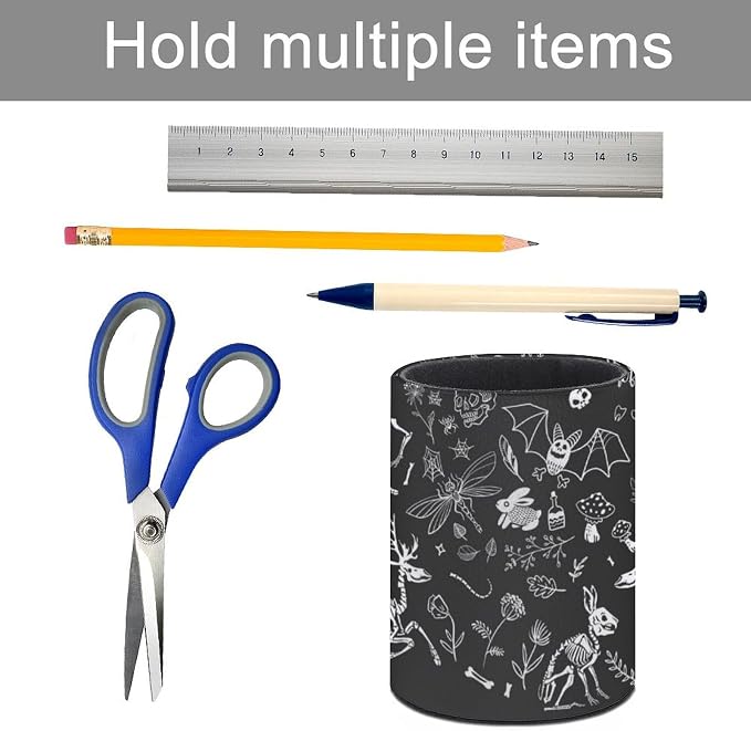 Skull Skeletons Pen Holder for Desk PU Pencil Cup Organizer | Round Desks Makeup Brush Holder for School Multifunctional Office Supplies