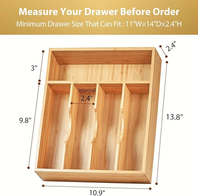 Bamboo Kitchen Drawer Organizer, 11 Inch Silverware Utensils Tray Holder with Grooved Dividers, 2.4" High Wood Caddy for Flatware Cutlery Knives