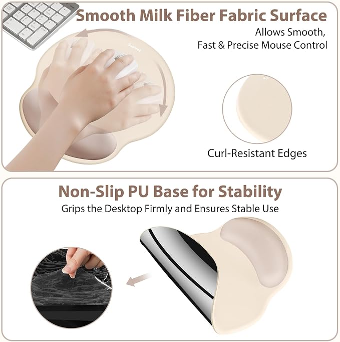 Sushret Mouse Pad and Keyboard Wrist Rest, 3-in-1 Gel Memory Foam Ergonomic Mouse Pad with Wrist Rest Set, Gaming Mousepad Arm Cushion Support for Computer Office Desk Accessories Cute Setup,Apricot