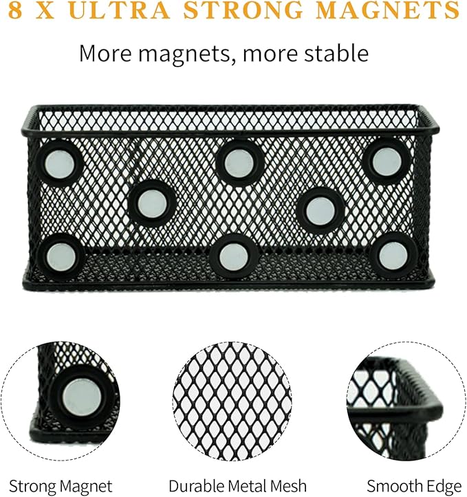 Neudeco Magnetic Locker Organizer and Accessories, Wire Mesh Magnetic Storage Basket, Magnetic Holder for Dry Erase Markers, Strong Magnet Pen Holder for Fridge School, Pack of 3, Black