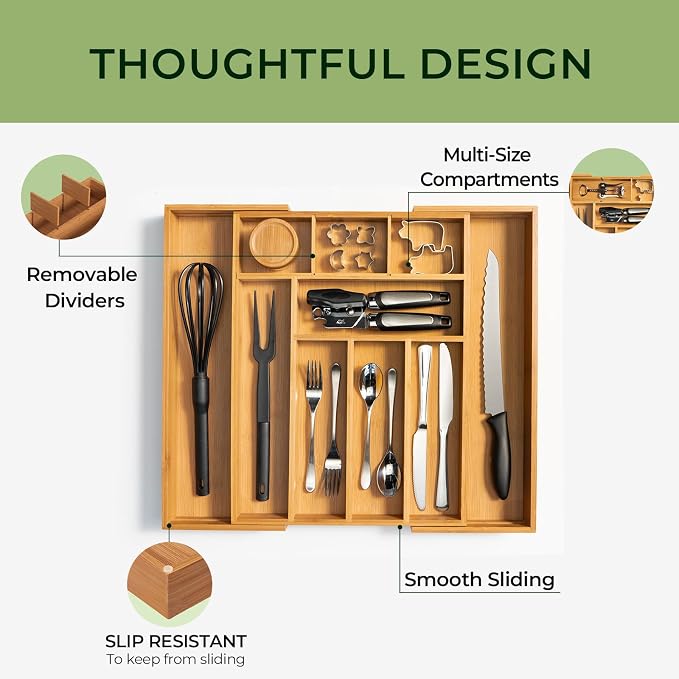 keechee 6-Piece Bamboo Drawer Organizer Set, 2.2" Deep Multi-Use Organizers for Utensils, Silverware, Cutlery, Desk, Bathroom, Junk Drawer & Makeup, Non-Slip Feet Included.