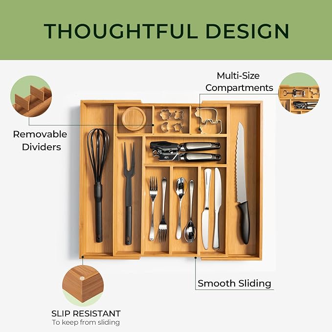 6-Piece Bamboo Drawer Organizer Set, 2.2" Deep Multi-Use Organizers for Utensils, Silverware, Cutlery, Desk, Bathroom, Junk Drawer & Makeup, Non-Slip Feet Included.
