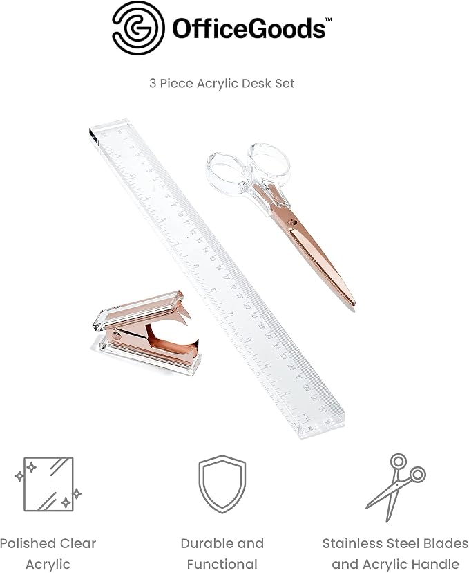 3-Piece Acrylic Desk Set, Clear with Rose Gold Metal | Ruler, scissors, and staple remover set, Functional and elegant desk accessories, Stationery tools for office, and school