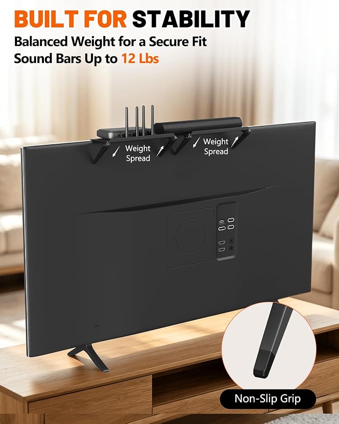 No Drilling Soundbar Mount, TV Top Shelf Fits Most Soundbars up to 12 lbs, Universal Monitor Shelf-Sound Bar Mounts, Sound Bar Shelfs Above TV for Flat Screen TVs,No TVs Disassembly, 23.6x4.4inch