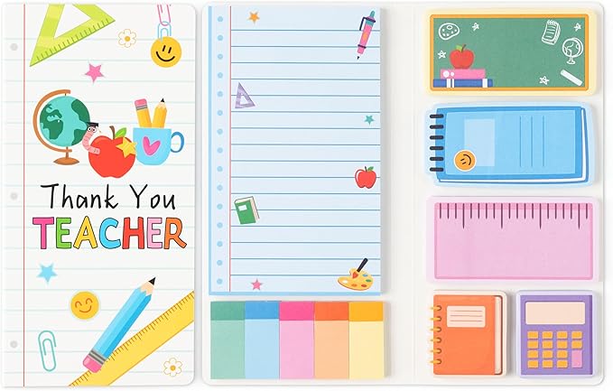 B1ykin Cute Sticky Notes Set - Thank You Teacher Self-Stick Notes Pad, 550 Sheets Writing Memo Pages Sticky Notepad for Teacher Appreciation Gifts, School Office Supplies (Composition Line Teacher)