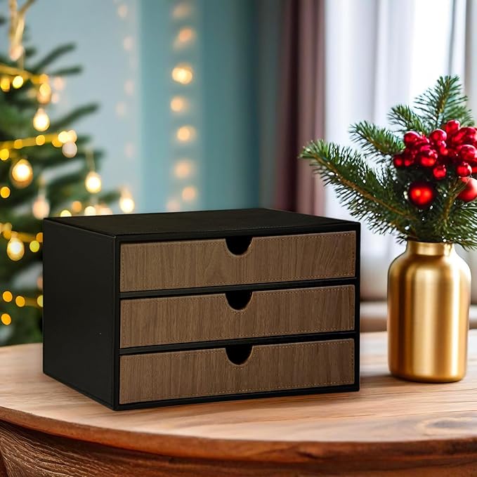 UnionBasic Document Organizer, 3-Drawer File Cabinet Document Storage Box, Office Desktop Filing Organizer, Black with Wood Grain Drawers