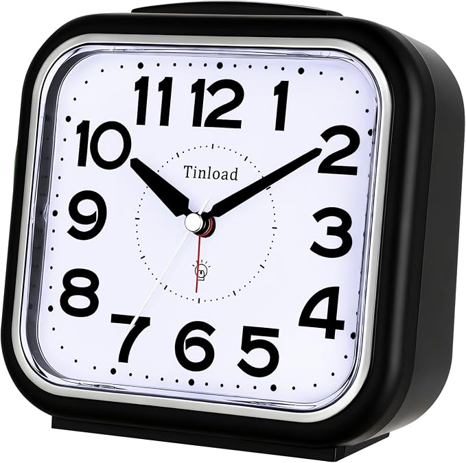 Tinload 5.5" Large No Ticking Analog Alarm Clock,Silent Readable for Seniors,Easy to Set,Gradual Rise Alarm,Big Numbers,Gentle Wake,Snooze, Lighted on Demand,Battery Operated(Black-B)