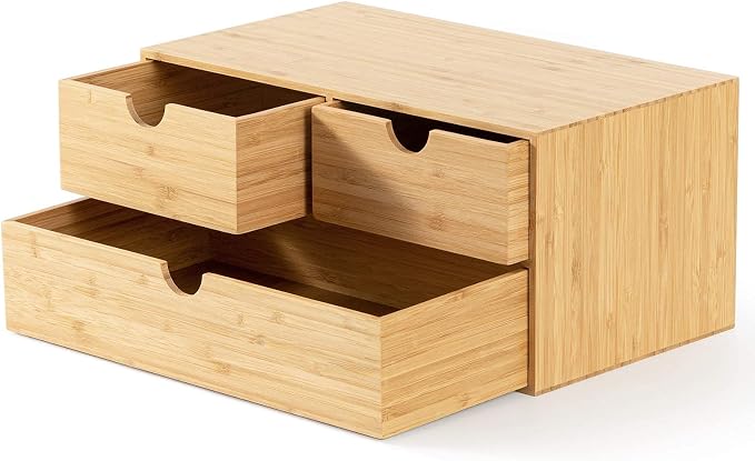 Bamboo Desk Organizer with Drawers, 3-Drawer Desktop Storage Box | 3 Drawers Open Top Tray Fully Assembled Stores Pens, Notes, Makeup, Jewelry & Toiletries for Office, Vanity & Bath
