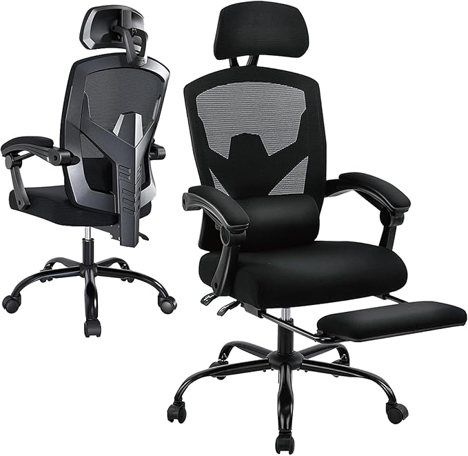 Desk Chair with Foot Rest, High-Back Mesh Office Chair with Wheels, Black | Reclining Gaming Chair with Headrest and Adjustable Lumbar Support, 90°-130° Reclining, for Home Office and Gaming