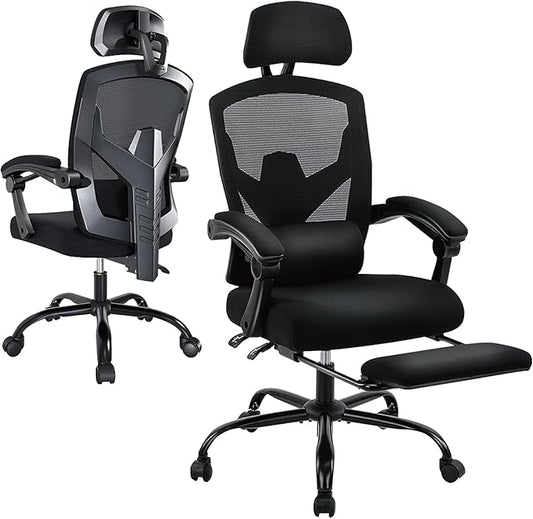 Desk Chair with Foot Rest, High-Back Mesh Office Chair with Wheels, Black | Reclining Gaming Chair with Headrest and Adjustable Lumbar Support, 90°-130° Reclining, for Home Office and Gaming