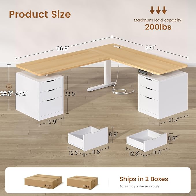 SEDETA L Shaped Electric Standing Desk with 6 Drawers, 66.9" x 57.1" Height Adjustable Stand Up Desk with Power Outlets, 3 Memory Heights, Sit Stand Computer Desk for Home Office, White + Oak