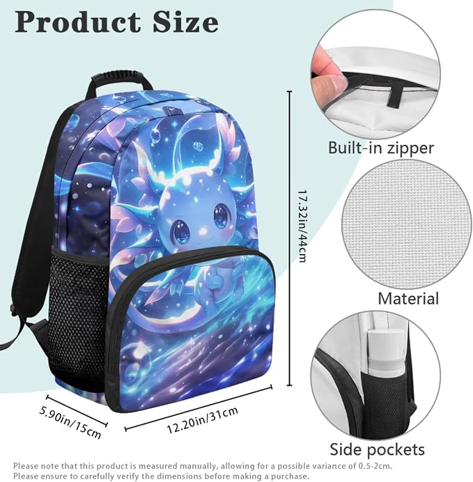 Blue Axolotl School Backpack for Girls, 4PCS Cartoon Bookbag Set with Insulated Lunch Bag & Pencil Case, 17 Inch Elementary Backpack for Kids Ages 6-8 1st 2nd 3rd Grade