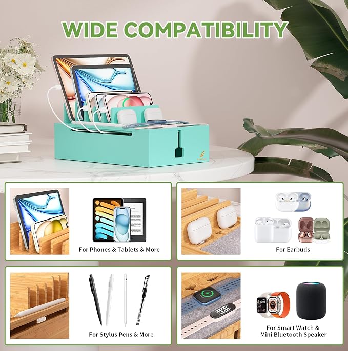 Pezin & Hulin Bamboo Charging Station-Teal, (No USB Charger and Cables) | Electronic Devices Organizer for Multiple Devices Charger Such As Cell Phone, Tablet, Watch and More