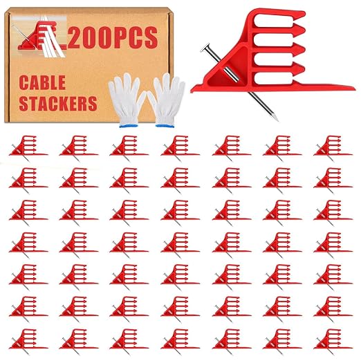 200 Pack Cable Stackers with Steel Nails, Multi-Cable Electrical Wire Clips | Insulated Cord Staples for Organizing Multiple Electrical Wires and Cables, Easy Nail-In Installation for Most Cable Types