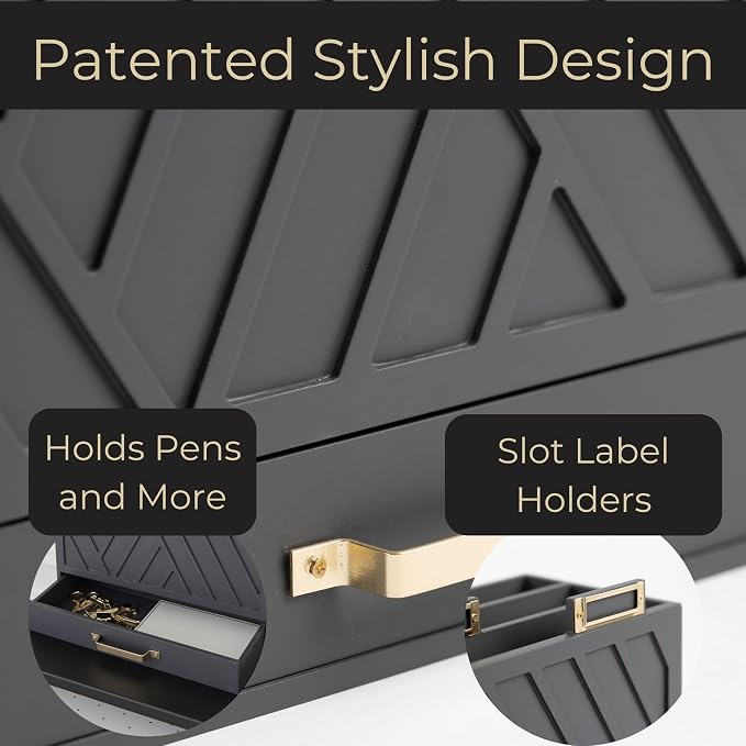 BLU MONACO | Grey Three-Tier Desktop Mail Organizer with Gold Label Holders & Drawer | Stylish Mail Holder and Countertop Document Storage for Home or Office