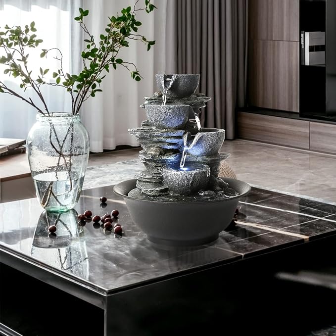 WICHEMI Tabletop Fountain Warer Fountain Indoor Waterfall Fountains | Indoor Fountain, Indoor Water Feature, 4-Tiers Stacked Rock Zen Meditation Desktop Fountain with Light for Home Office Decor