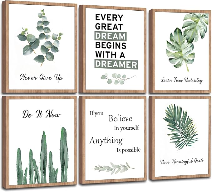 FRAMED Inspirational Wall Decor, Positive Affirmations & Motivational Art for Office, Bedroom & Classroom (Set of 6, 8x10in, Framed)