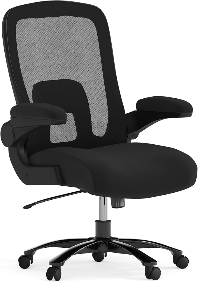 Flash Furniture Big & Tall Mesh Swivel Office Chair, Black | Mesh Back, Lumbar and Back Support, Flip-Up Arms