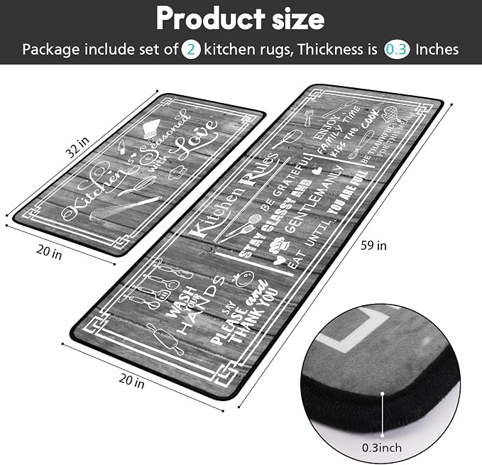 Kitchen Rug Sets of 2 Piece Non Slip Kitchen Rugs and Mats Washable Kitchen Mats for Floor Kitchen Carpet Runner Rugs Decor for Laundry Bathroom Living Room,Grey Kitchen Rules 20"x 59"+20"x 32"