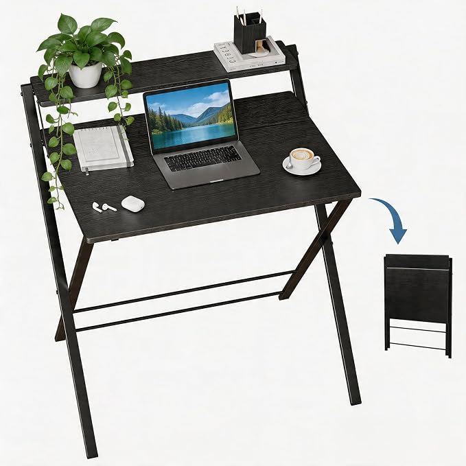 Simple Deluxe No Assembly Folding Desk with Shelf, 2-Tier Compact Computer Table, Space Saving Foldable Table for Home Office, Dorm or Apartment, Portable Collapsible Sturdy Laptop Desk, Black
