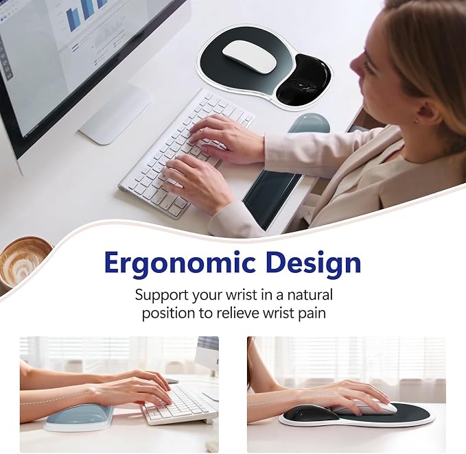AKIT Ergonomic Gel Mouse Pad & Keyboard Wrist Rest Set, Non-Slip, Black | Gel Wrist Support for Typing Comfort Non-slip Base Fits Standard Keyboards and Mice Reduces Fatigue During Long Work Sessions