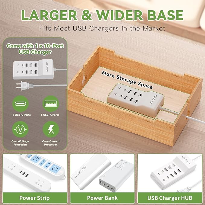 Pezin&Hulin Charging Station for Multiple Devices with 10 Port HUB, 6 Cable | USB Charger Dock Organizer , Cable Management Organizer for Cell Phones, Tablets - Bamboo, Natural Color