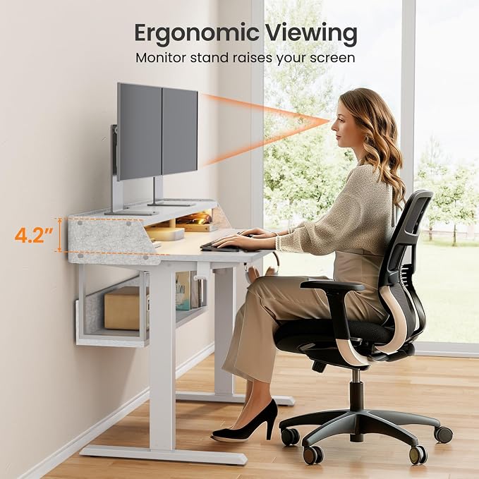 ErGear Electric Standing Desk, 48x24 Inch Adjustable Sit Stand Desk with Bookshelf & Monitor Stand, Standing Gaming Desk with LED Light Strip, Stand Up Desk for Home Office, White | Raised Monitor Stand, 27.9–46.9 Inch Height Range, 4 Memory Presets, 1...