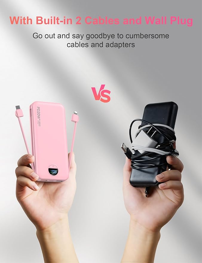 Portable Charger with Wall Plug, 10000mAh USB C Power Bank Fast Charging, External Battery Pack with Built in Cables, Digital Display, 5 Output 4 Input for iPhone Android Cell Phone Tablet