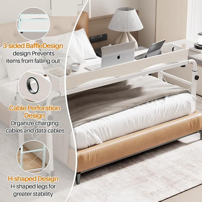 BYMECOST Laptop Desk for Bed, Adjustable Height & Length Laptop Bed Table | Overbed Table with Wheels for Queen Size Beds,Rolling Standing Desk,Over Bed Desk for Working Reading Eating