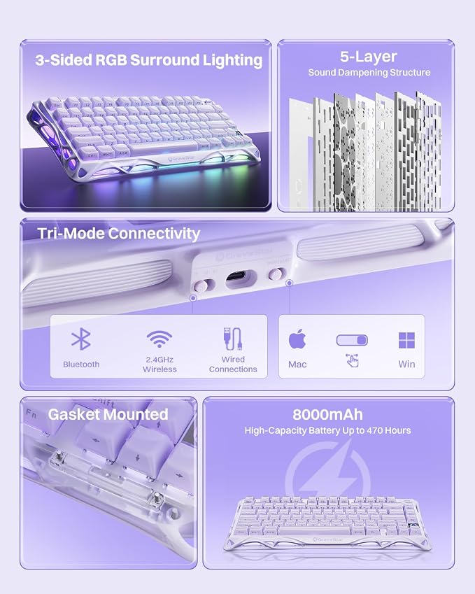GravaStar Mercury K1 Purple 75% Wireless Mechanical Keyboard – Tri-Mode BT5.0/2.4GHz/USB-C Gaming Keyboard, Jelly Keycaps, Linear Switches, RGB Backlit Creamy Keyboard for PC/Mac【Lavender Purple】