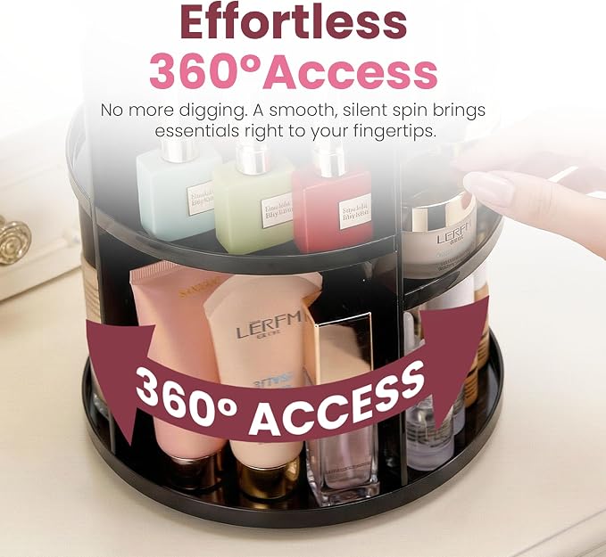 Masirs 360 Rotating Makeup Organizer Countertop, Adjustable Shelf, Black | 360-Degree Rotating Makeup Organizer, Adjustable Shelf Height, Cosmetic Perfume Skincare Storage, Vanity Countertop, Black