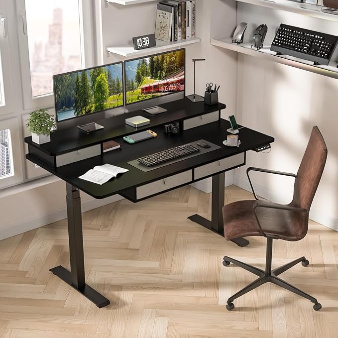 Kingant Electric Standing Desk with 4 Drawers,USB Charging Ports 55"x 30" | Ergonomic Height Adjustable Large Workstation, Heavy-Duty Sit Stand Up Desk For Home Office Daily Work,Black