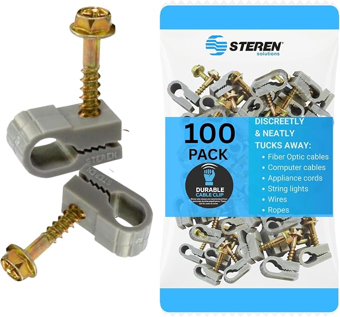 STEREN Coaxial Cable Clips - Cable Holder - Wire Clips - Siding Clips for Hanging - Cord Holder for Desk - Cable Clamps (Gray, 100 Count - Single Screw)