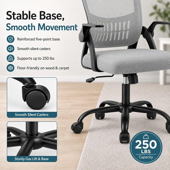 Ergonomic Office Chair, Home Office Desk Chair, Breathable Mesh Desk Chair with Adjustable Lumbar Support and Flip-up Armrests, Game Chairs, 360° Swivel Desk Chairs for Conference, Meeting Room(Grey)